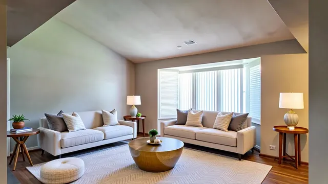 a living room with furniture and a potted plant