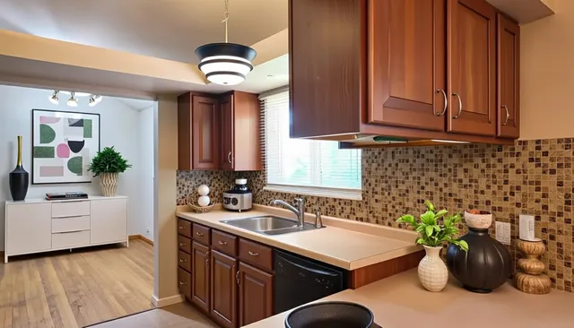 a kitchen with a sink and a stove