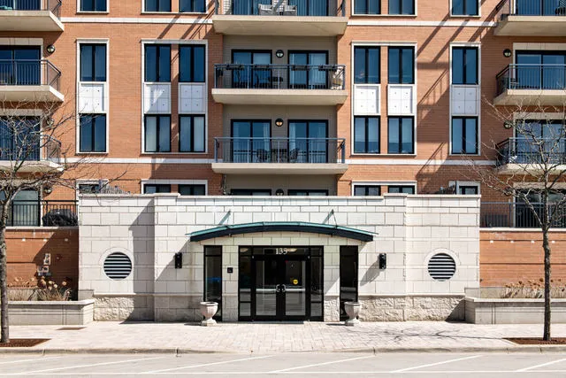 a front view of a building with a entrance