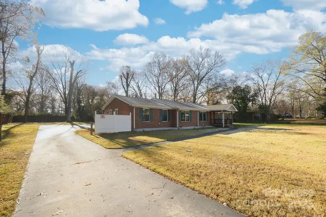 a view of a yard with a large tree