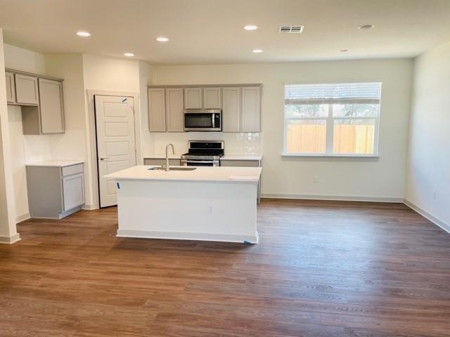 161 Filifera Court Leander, TX 78641 - Photo 3 of 13 Kitchen with stainless steel appliances, gray cabinets, a sink, a kitchen island with sink, and recessed lighting