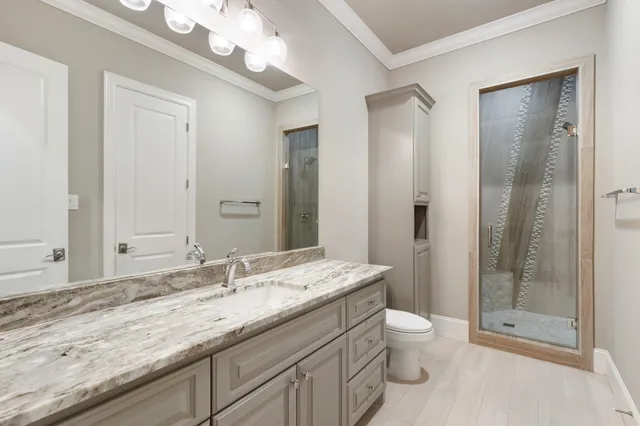 a bathroom with a granite countertop sink a toilet and shower