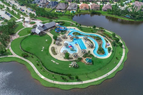 an aerial view of a swimming pool