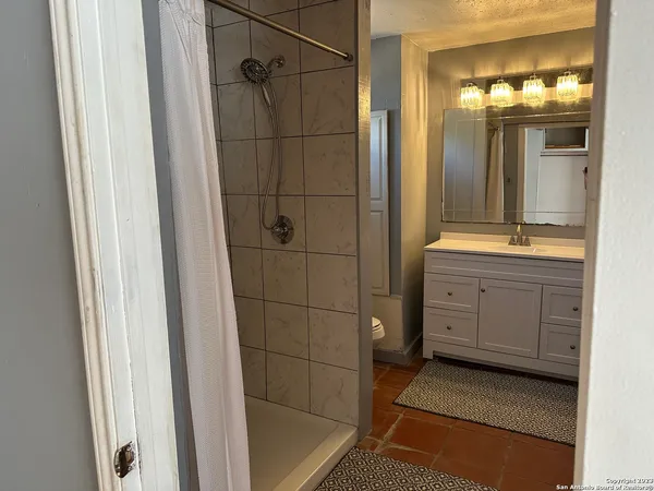 a bathroom with a shower a sink and a mirror