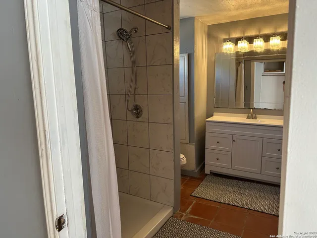 a bathroom with a shower a sink and a mirror