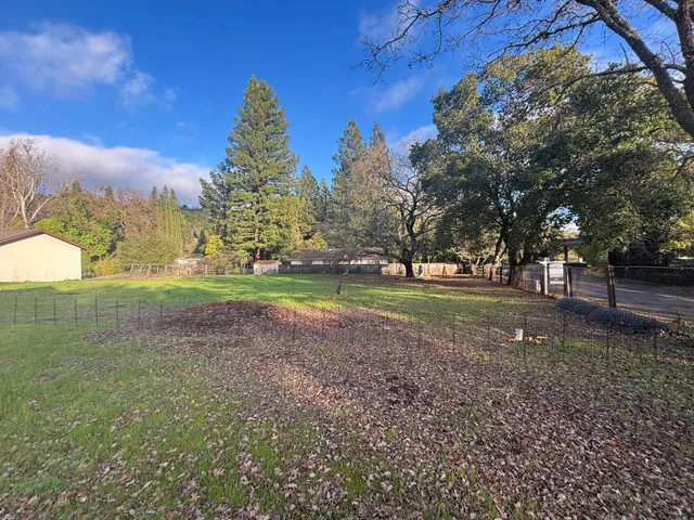a view of dirt field with trees