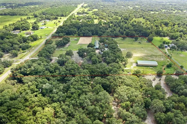 an aerial view of residential houses with outdoor space and trees