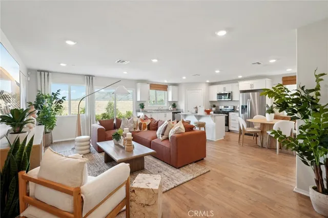a living room with lots of furniture kitchen view and a potted plant