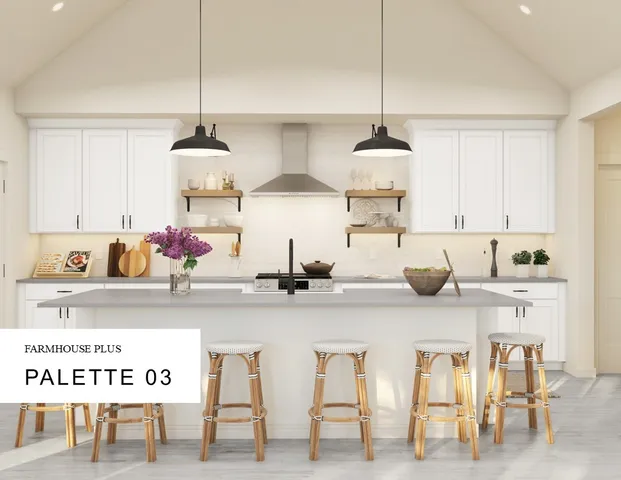 a kitchen with cabinets and chairs