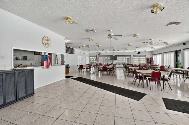 a view of a dining hall with lots of dining table and chairs