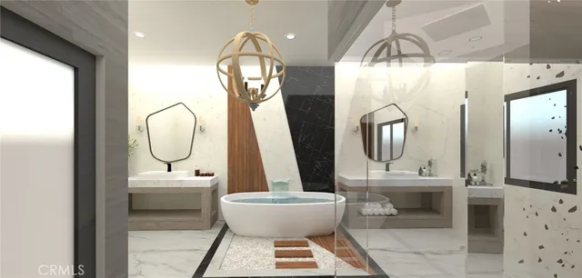 a view of a dining room with furniture and a chandelier