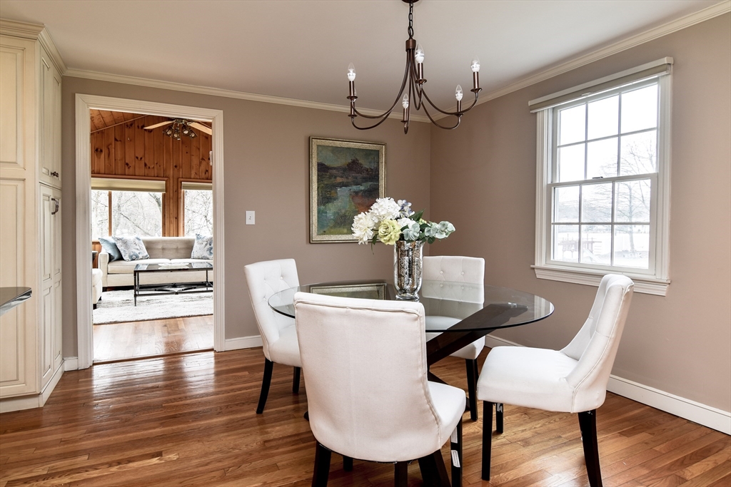 3 Swanson Road Framingham, MA 01701 - Photo 8 of 38 a dining room with wooden floor a chandelier a glass table and chairs