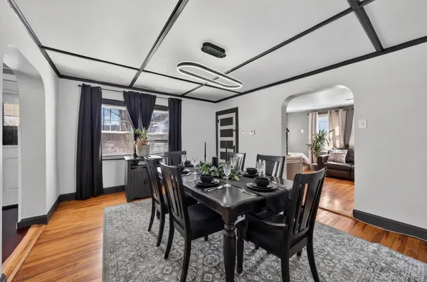 a view of a dining room with furniture