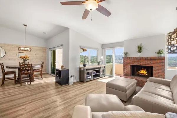 a living room with furniture and a fireplace