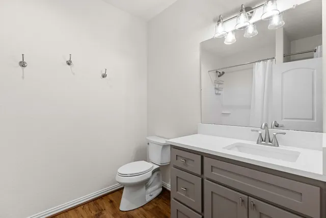a bathroom with a sink a toilet and mirror