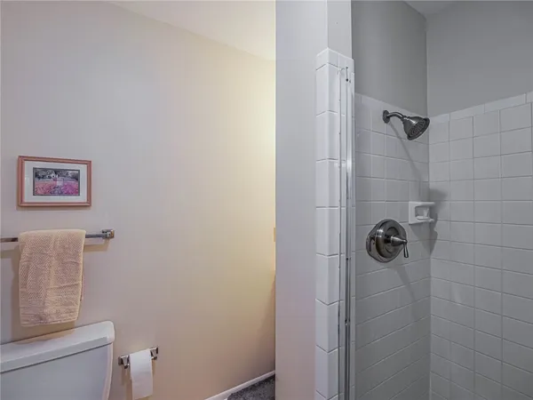 a bathroom with a shower a toilet and a sink