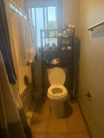 a bathroom with a toilet and a shower