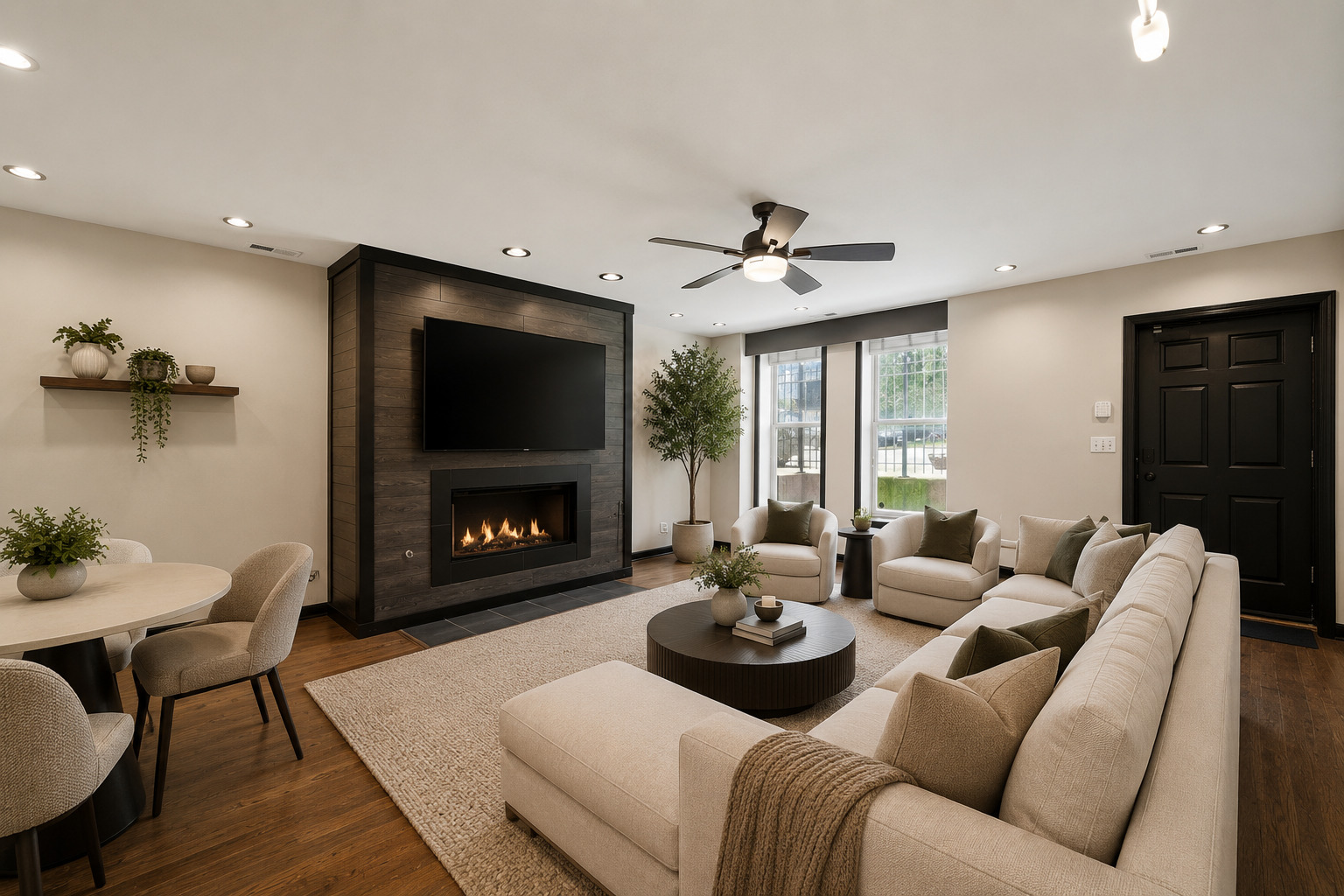 619 North Racine Avenue, Unit 1 Chicago, IL 60642 - Photo 2 of 36 a living room with furniture a fireplace and a flat screen tv
