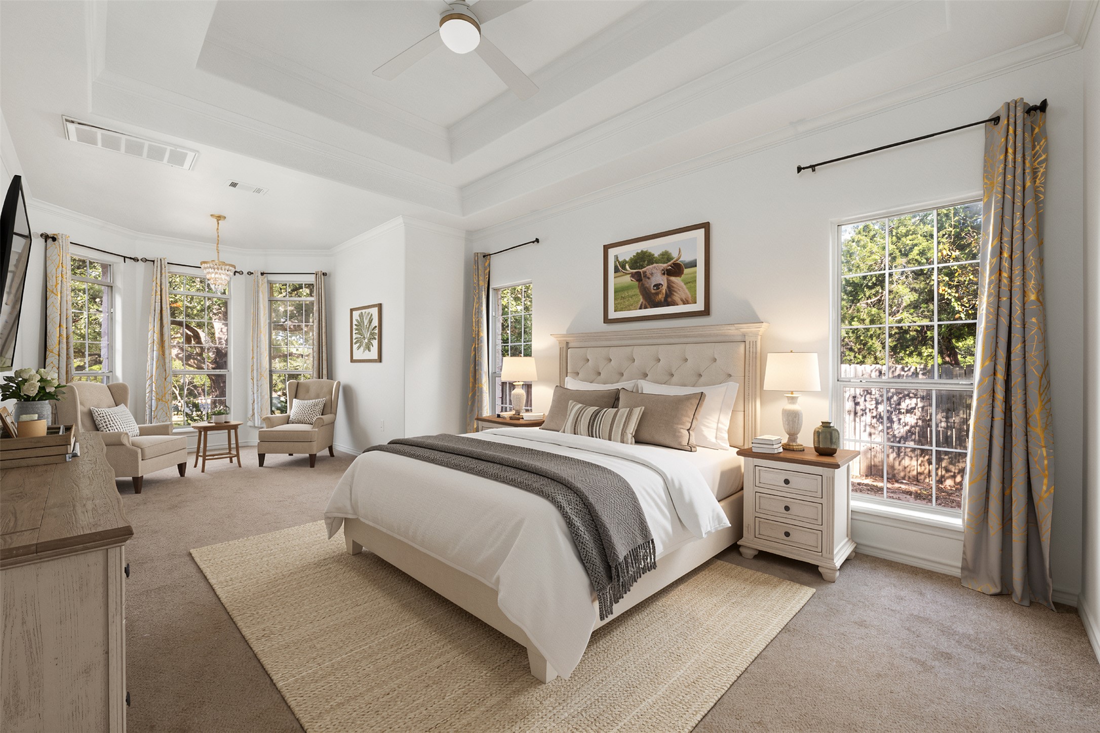72 Crazy Cross Road Wimberley, TX 78676 - Photo 17 of 35 Virtually staged primary bedroom. Multi-layered tray ceilings and expansive windows frame this relaxing, carpeted bedroom suite.