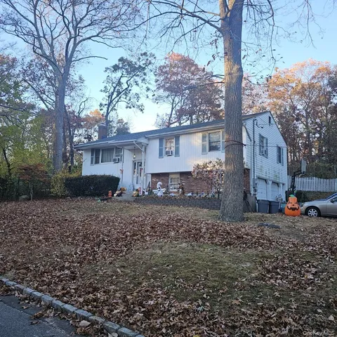 a view of a house with a yard covered in the forest