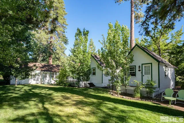 a view of a yard with chairs