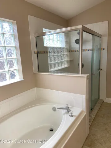 a bathroom with a bathtub and a shower