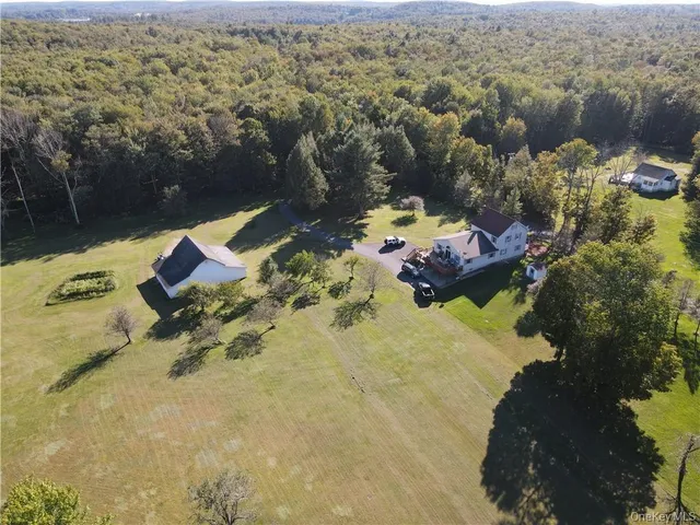 an aerial view of a house with a lake view