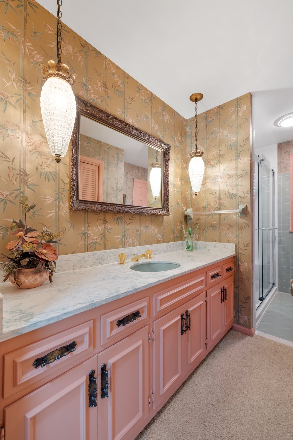 1409 Sneed Road West Franklin, TN 37069 - Photo 33 of 47 a spacious bathroom with a granite countertop sink a mirror and a shower