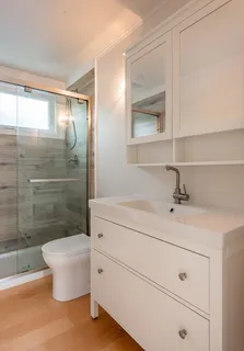 a bathroom with a sink a toilet and shower