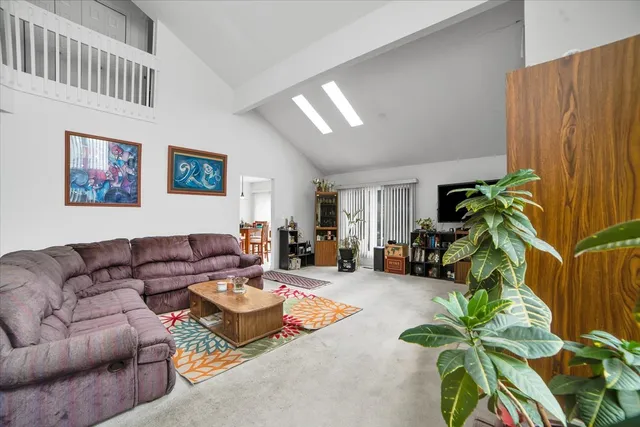 a living room with furniture plant and a window