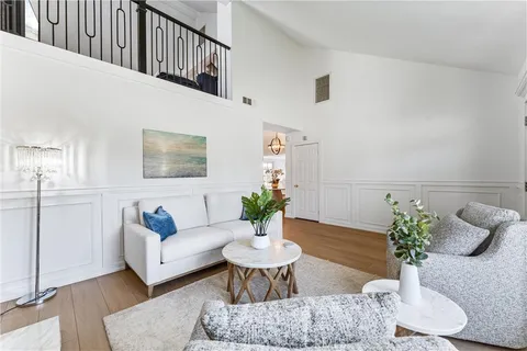 a living room with furniture potted plant and a rug