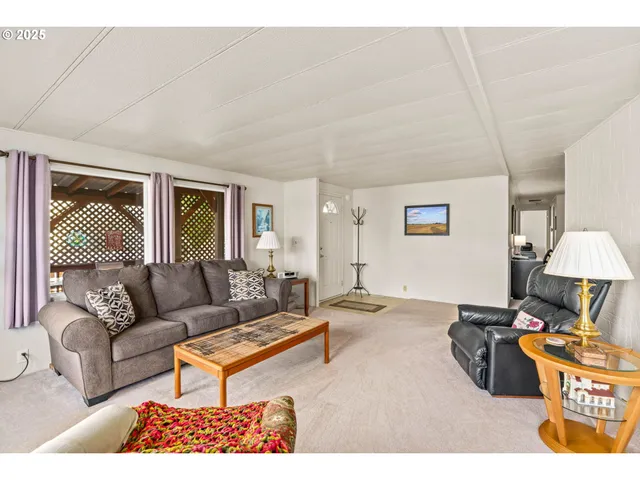 a living room with furniture a rug and a lamp