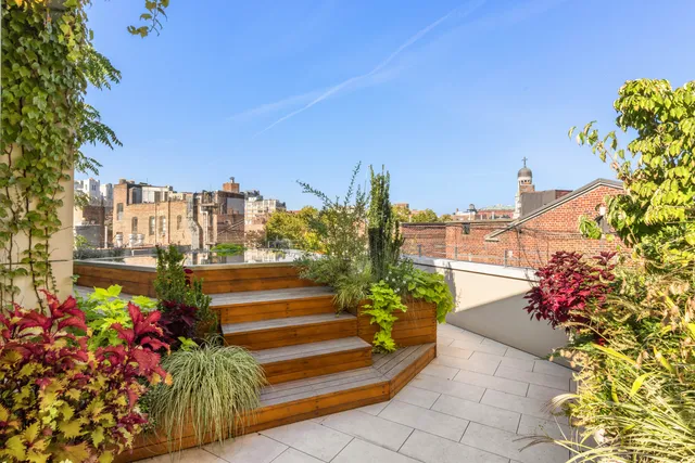 a view of a city with flower plants