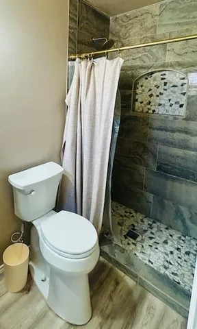 a bathroom with a toilet and a shower
