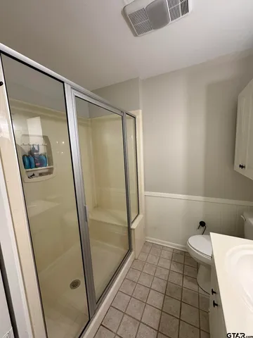 a bathroom with a shower and toilet