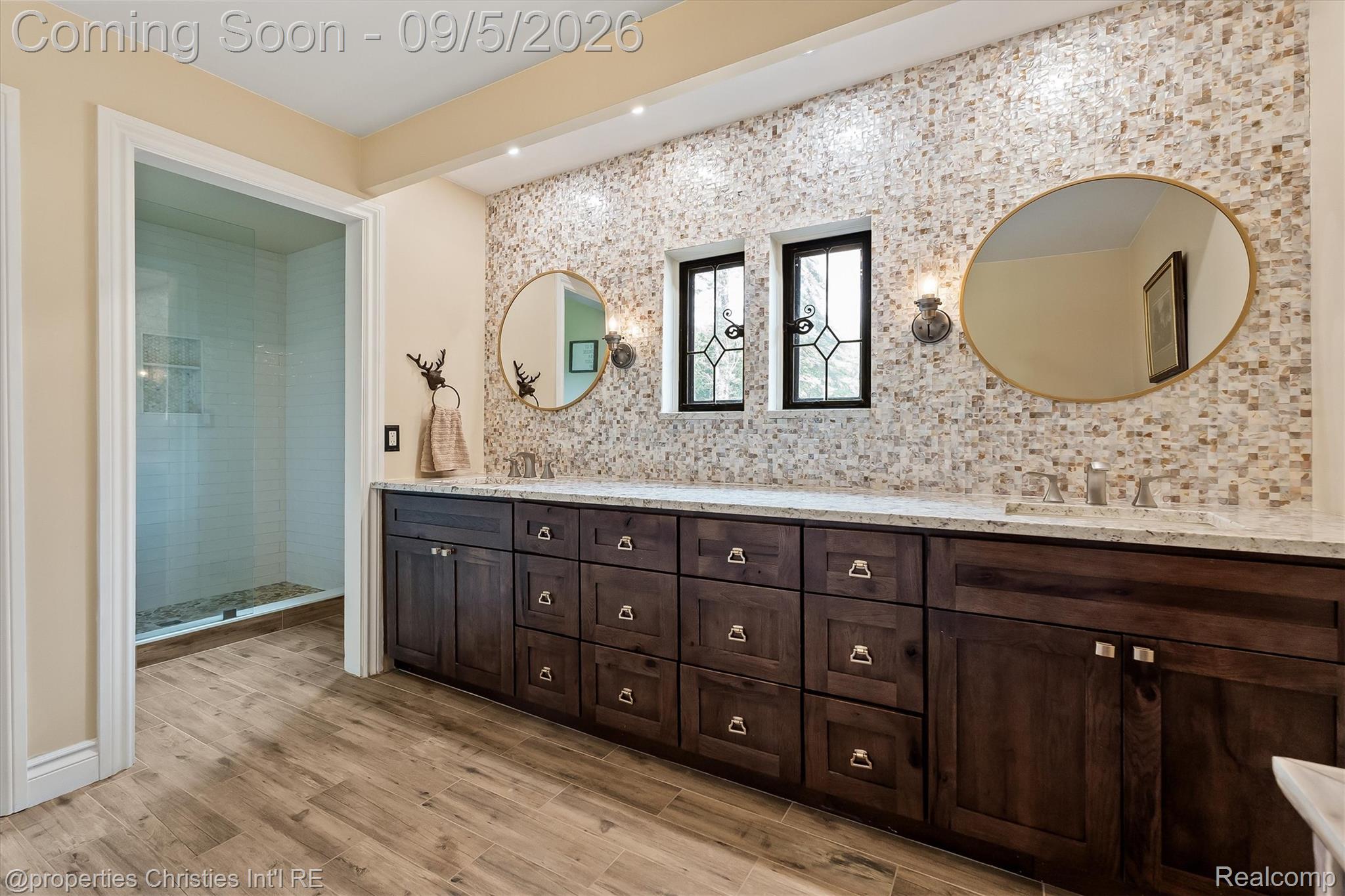 1540 Mill Race Road Rochester, MI 48306 - Photo 75 of 99 Long dual-sink vanity featuring dark wood cabinetry and a light-toned countertop