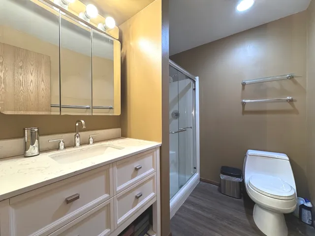 a bathroom with a granite countertop toilet sink and mirror