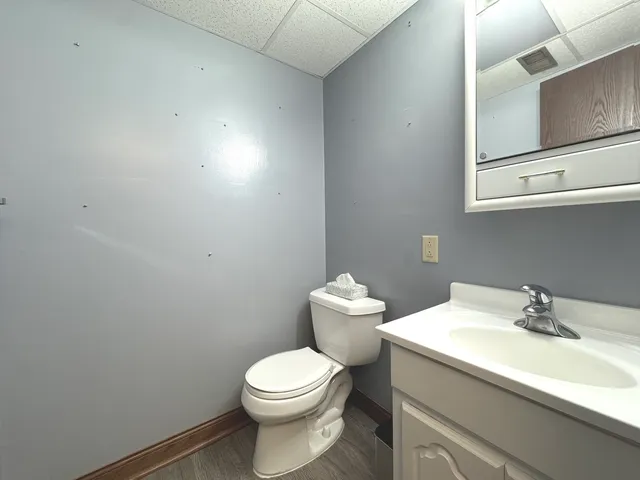 a bathroom with a sink a toilet and mirror