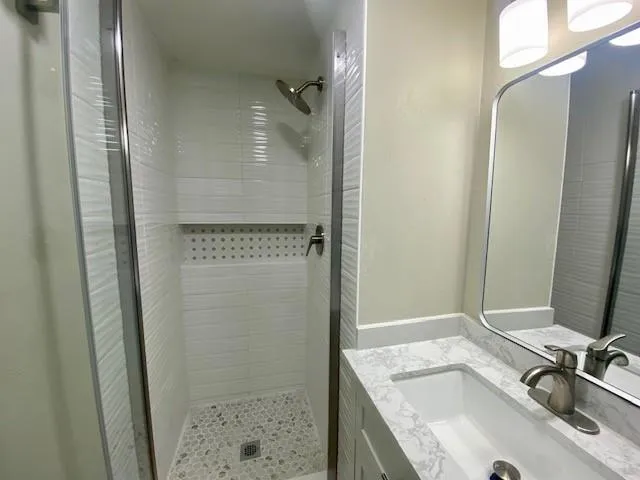 a bathroom with a granite countertop sink a mirror and shower