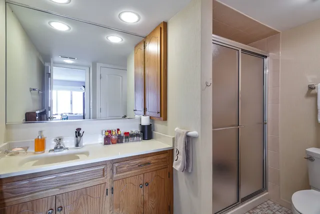 a bathroom with a sink a toilet and shower