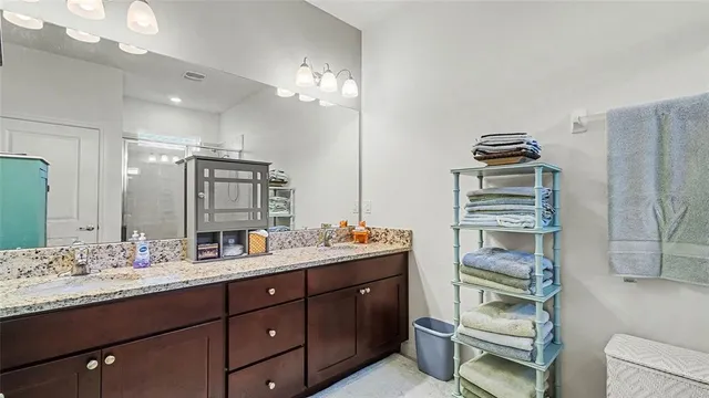 a bathroom with a double vanity sink a mirror and a shower