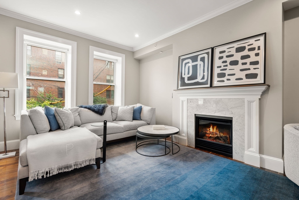 324 Tappan Street, Unit 2 Brookline, MA 02445 - Photo 3 of 19 a living room with furniture and a fireplace