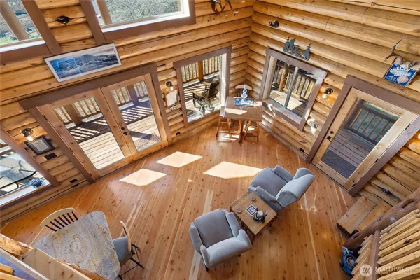 a view of a balcony with furniture