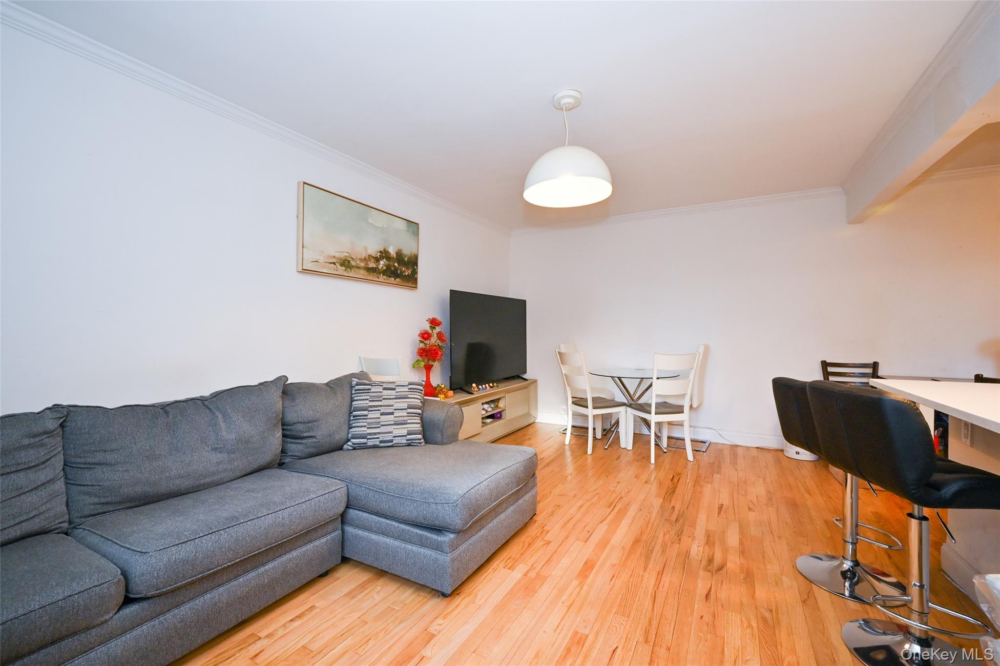 150-30 71st Avenue, Unit 2F Queens, NY 11367 - Photo 7 of 19 Living room featuring crown molding and light wood finished floors