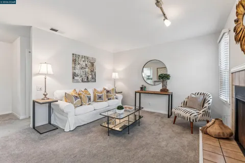 a living room with furniture a rug and a window