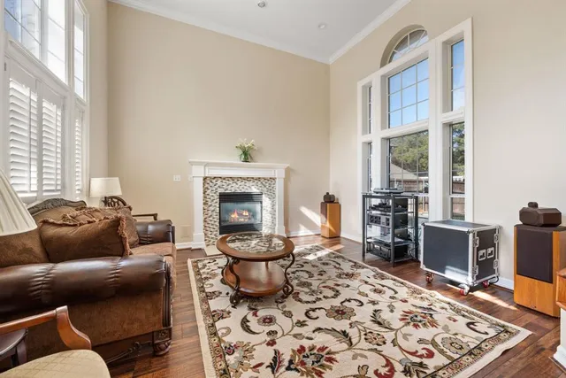 a living room with furniture a rug and a fireplace