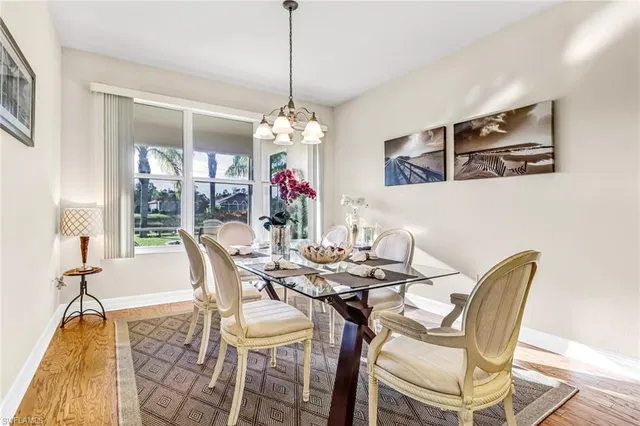 a view of a dining room with furniture wooden floor and chandelier