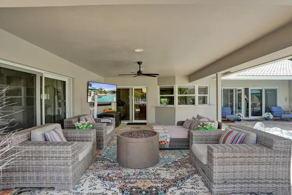 an outdoor space with seating area