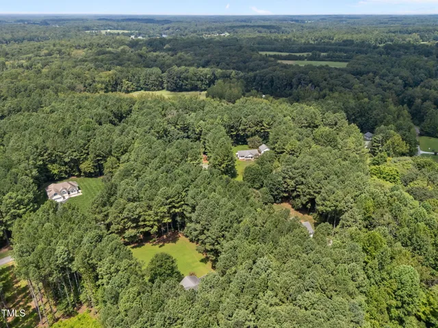 an aerial view of residential houses with outdoor space and trees