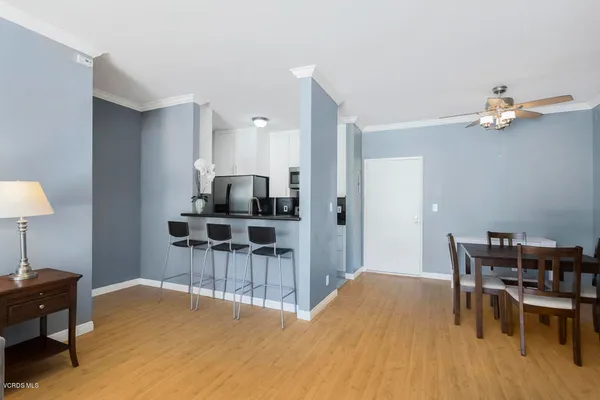 a view of a dining room with furniture